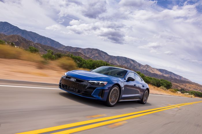 Blue Audi e-tron GT Quattro Sport Car on Mountain Road