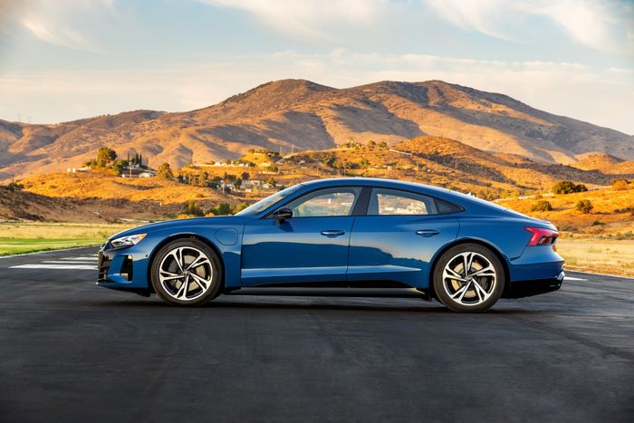 Blue Audi e-tron GT Quattro Electric Sport Car in Mountains