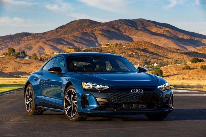 2022 Blue Audi e-tron GT Quattro electric car in mountains