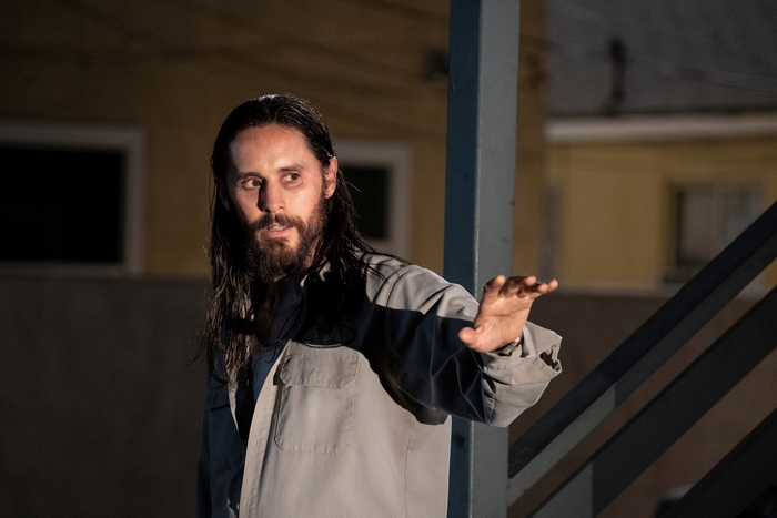 Jared Leto with long hair and beard gesturing in The Little Things