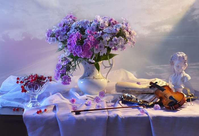 Still Life with Purple Phlox Flowers and Violin