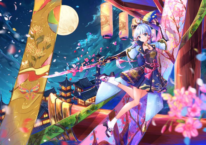 Kamisato Ayaka with Sword in Moonlit Cherry Blossom Night