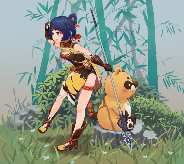 Xiangling and Guoba in a bamboo forest