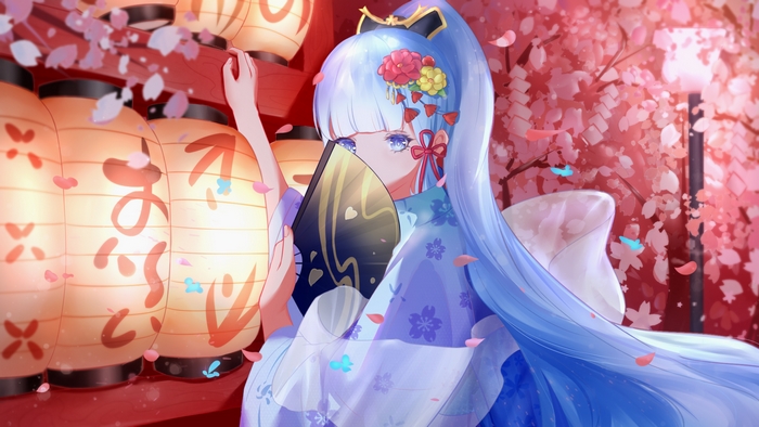 Kamisato Ayaka in Kimono with Fan and Cherry Blossoms