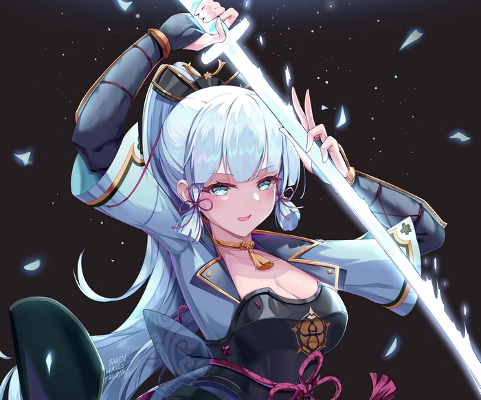 Kamisato Ayaka wielding her icy blade