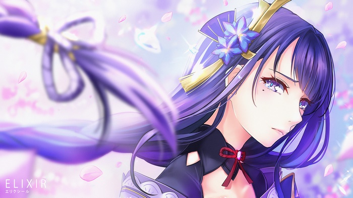 Elegant Raiden Shogun with purple hair and cherry blossoms