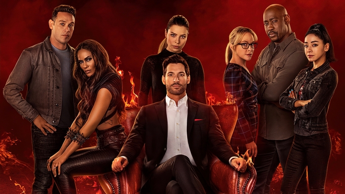 Lucifer Morningstar and Cast in Fiery Scene