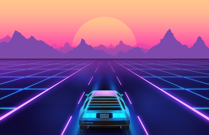 Neon DeLorean Driving into Retro Wave Sunset