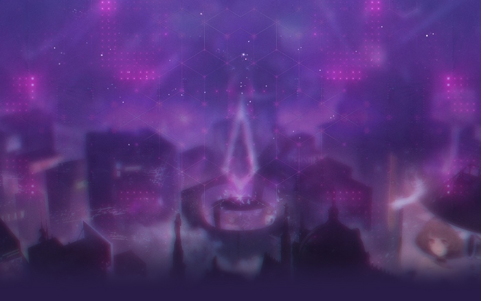 Illusion Connect: Blurred Purple City and Glowing Crystal