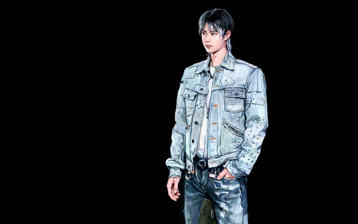 Wang Yibo stylized portrait in denim outfit