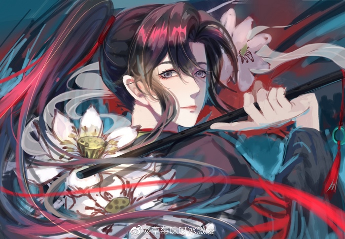 Wei Wuxian with Flute, Red Ribbons, and Lotus