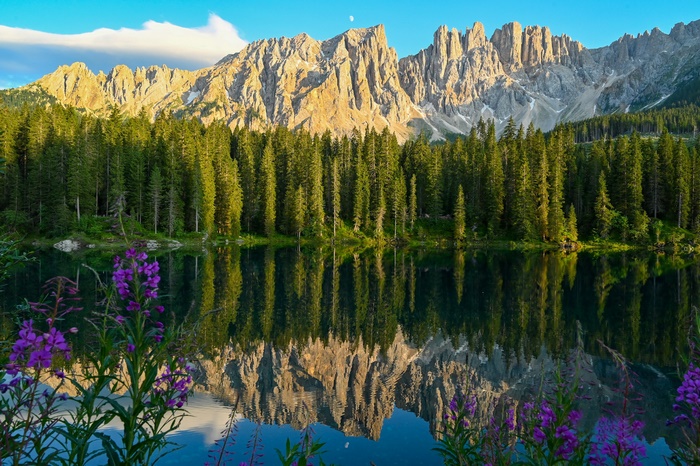 Lake Carezza: Dolomites mountains, forest, and reflections
