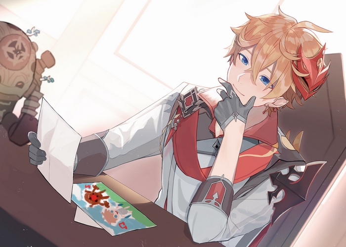 Tartaglia Childe from Genshin Impact admiring a child's drawing