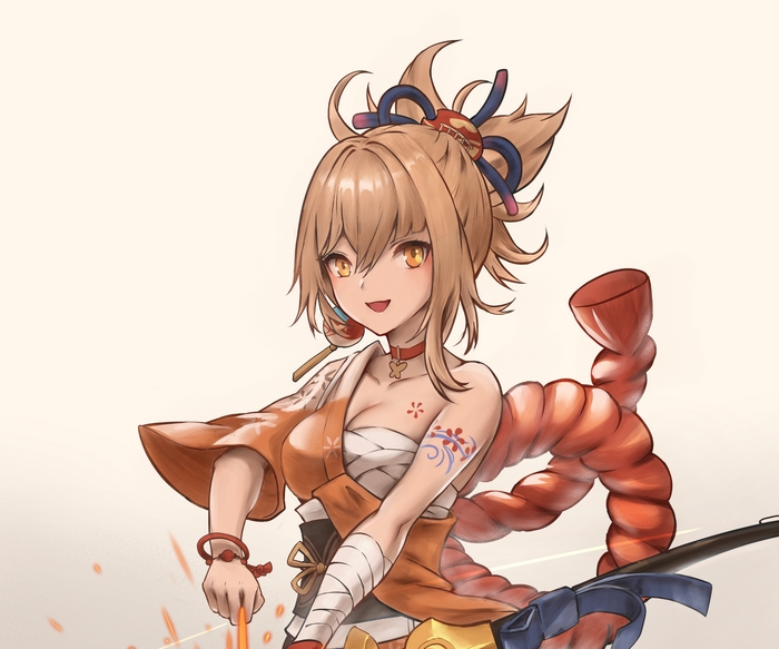 Yoimiya (Genshin Impact) smiling with bow