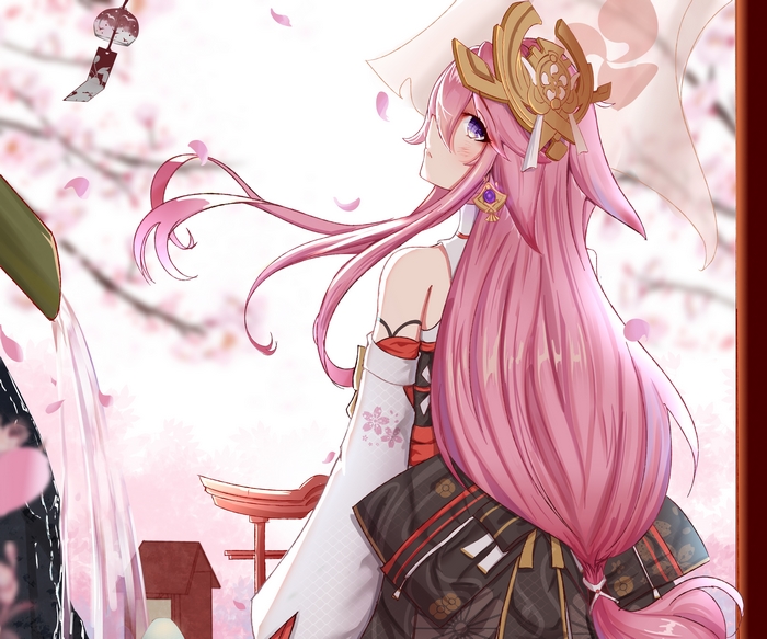 Yae Miko looking up amidst falling cherry blossoms