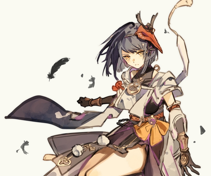 Kujou Sara dynamic pose with falling feathers artwork