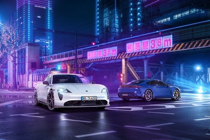 TechArt Porsche Taycan Aerokit and Sport Car in Neon City