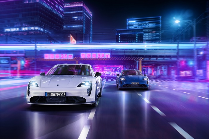 Porsche Taycan Sport Cars in Cyberpunk City Night
