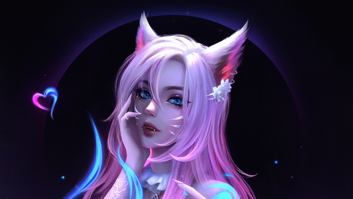 Ahri (League of Legends) Pink Hair Blue Eyes Glowing Art