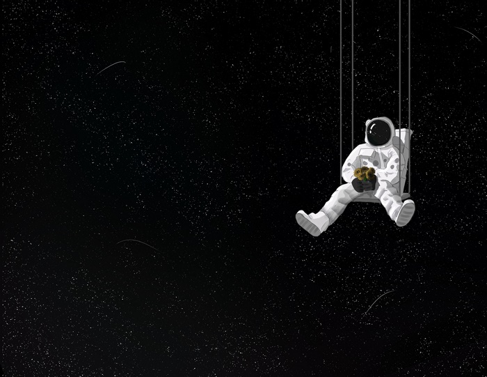 Astronaut swinging in space holding a plant
