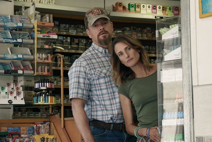 Matt Damon and Camille Cottin in Stillwater store
