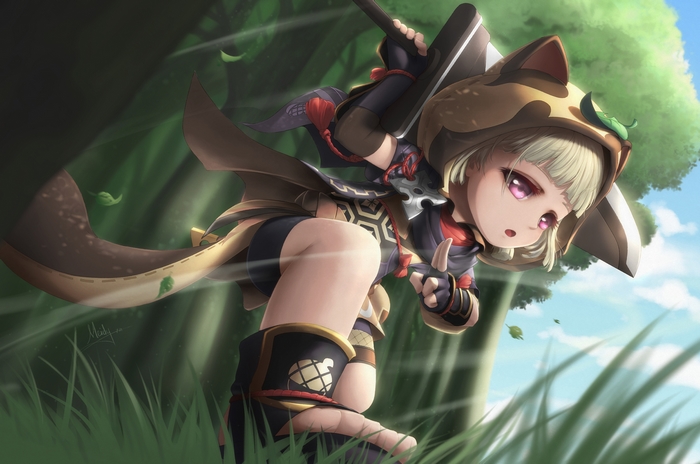 Sayu (Genshin Impact) running through the forest