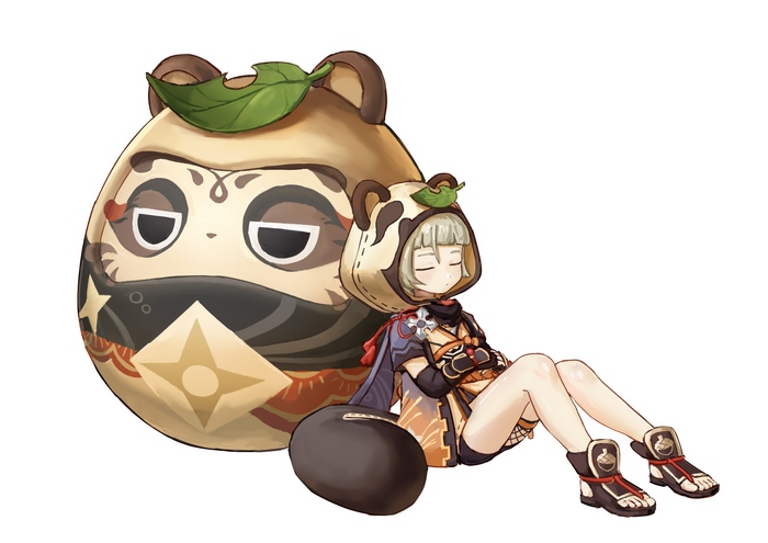 Sayu (Genshin Impact) sleeping with tanuki daruma