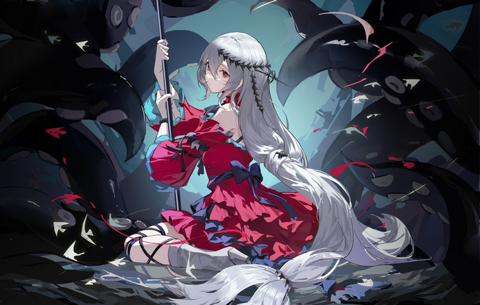 Skadi (Arknights) in red dress with long hair and dark tentacles