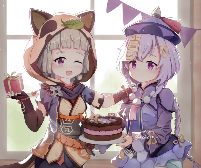 Sayu and Qiqi celebrate with cake in Genshin Impact