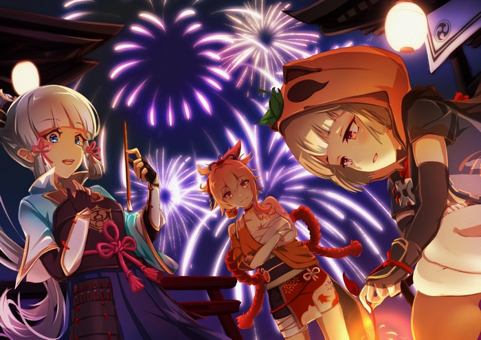 Genshin Impact: Ayaka, Yoimiya, Sayu with fireworks