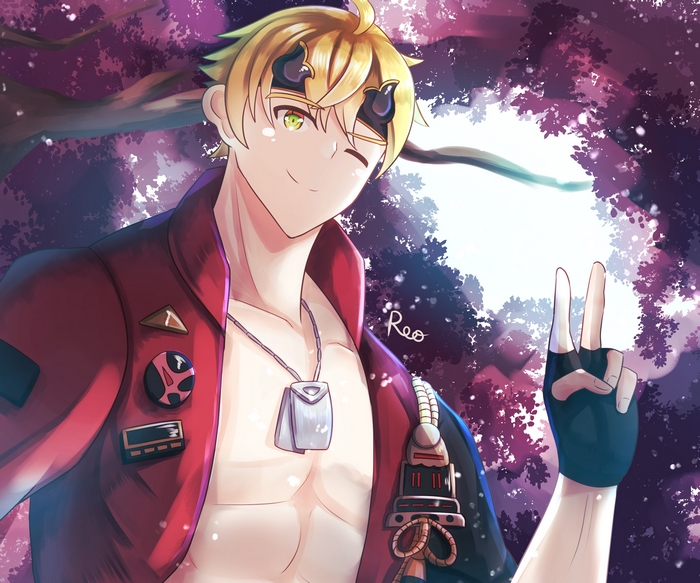 Thoma (Genshin Impact) winking with peace sign