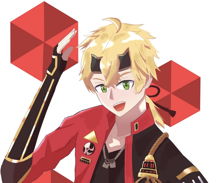 Thoma (Genshin Impact) smiling with red hexagons