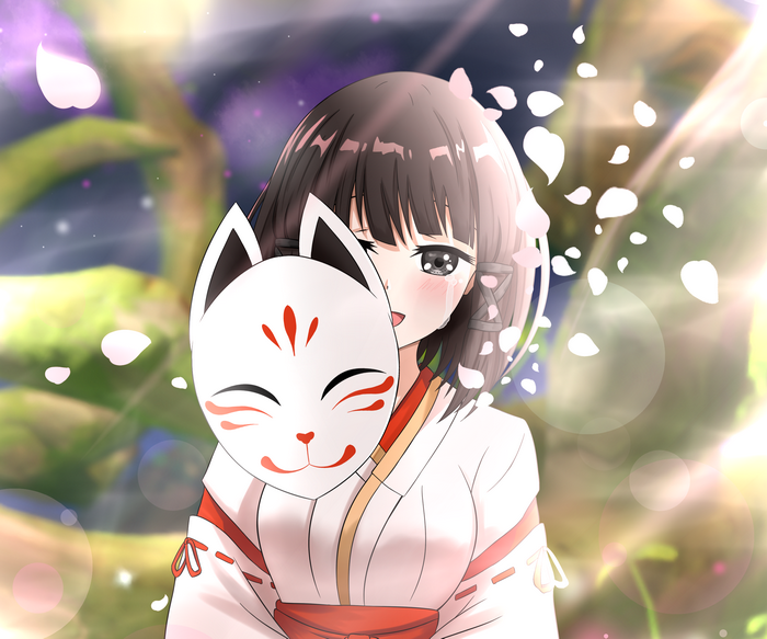 Genshin Impact Kazari crying with kitsune mask