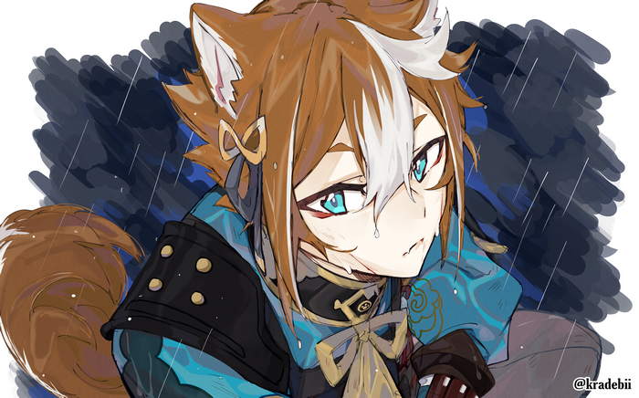 Sad Gorou (Genshin Impact) crying in the rain