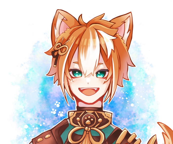 Gorou (Genshin Impact) smiling with paw prints background