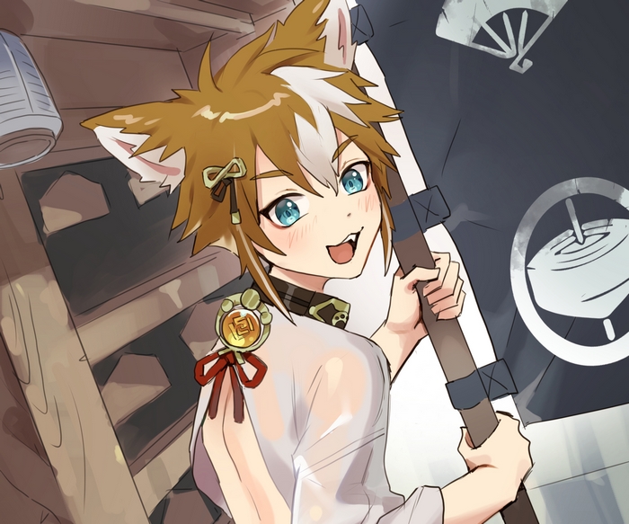 Smiling Gorou (Genshin Impact) holding banner