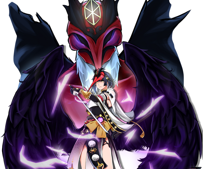 Kujou Sara wielding sword with dark wings
