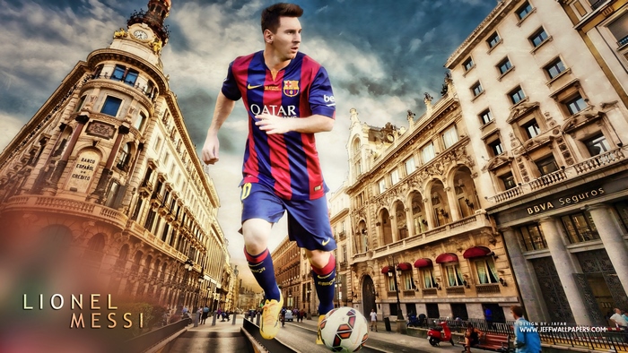 Giant Lionel Messi playing football in city street