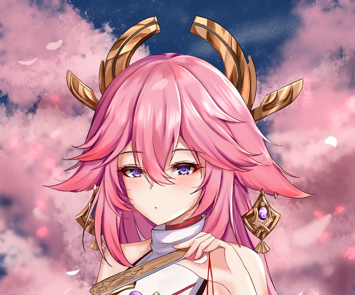 Yae Miko Guuji with fan and pink petals