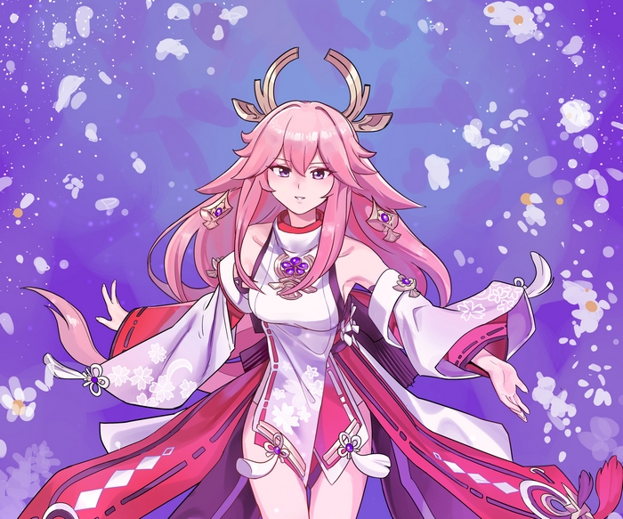 Yae Miko Genshin Impact in purple floral setting