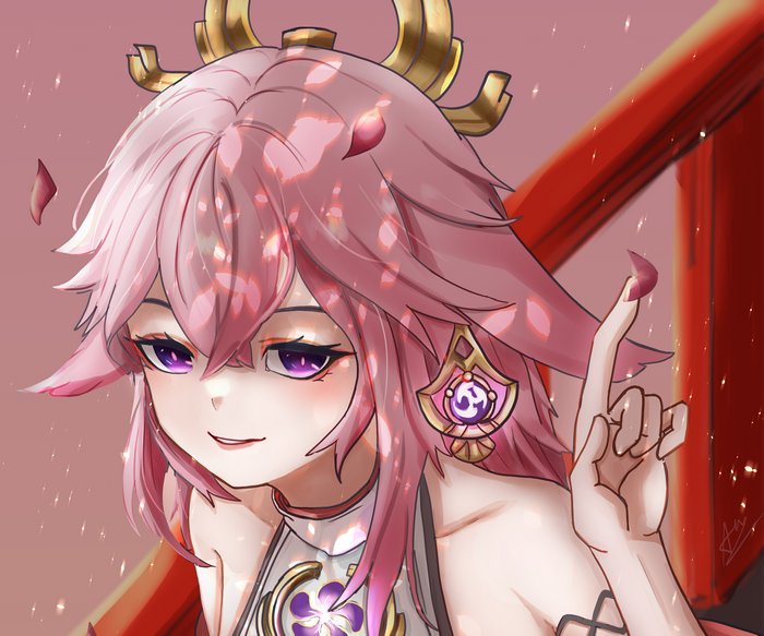 Yae Miko's mischievous gaze and pointing finger