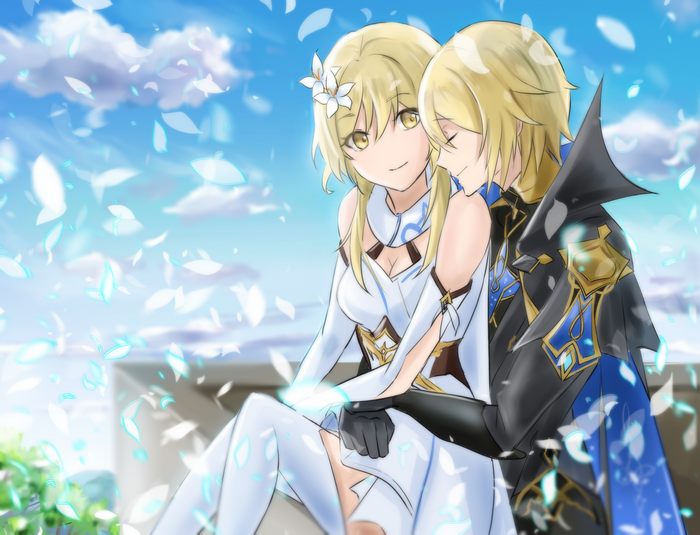 Genshin Impact: Lumine and Dainsleif with falling petals