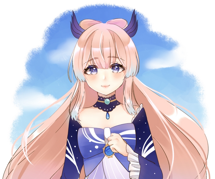 Sangonomiya Kokomi smiling under a blue sky