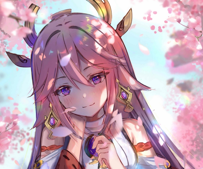 Yae Miko Guuji smiling with cherry blossoms