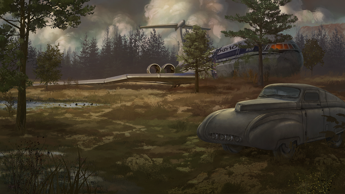 ATOM RPG: Abandoned IL-62 and car in the wasteland