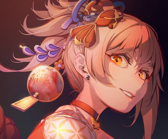 Yoimiya (Genshin Impact) smiling with fireworks
