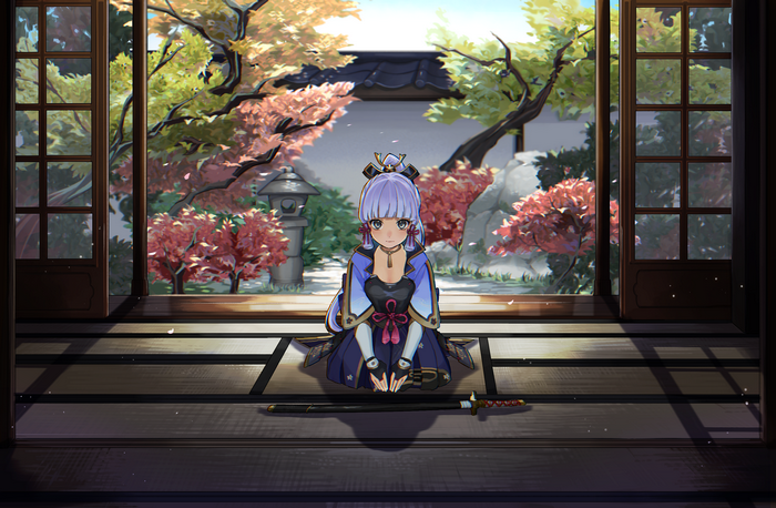 Kamisato Ayaka in a serene Japanese garden