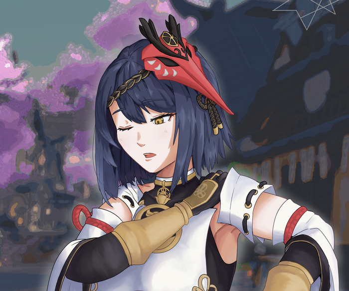 Kujou Sara Wincing with Tengu Mask