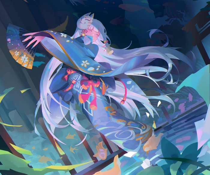 Kamisato Ayaka's underwater dance in blue kimono and fox mask
