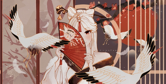 Ningguang (Genshin Impact) with Cranes and Red Fan